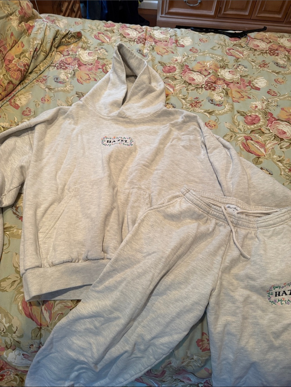 hazel Heather Light Gray Embroidered Hoodie and Joggers Set